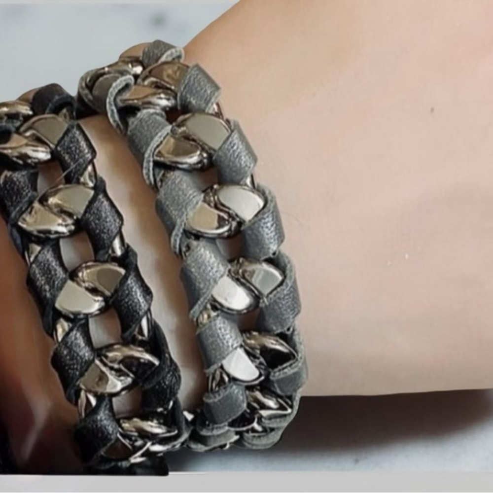 Jessica Elliot SET OF 2 Silver Tone Chunky Curb Chain Black & Grey Woven Leather